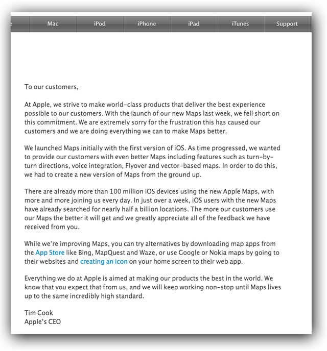 apple maps apology ceo time cook