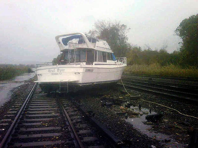 Ossining NY hurricane sandy damage, boat on train track