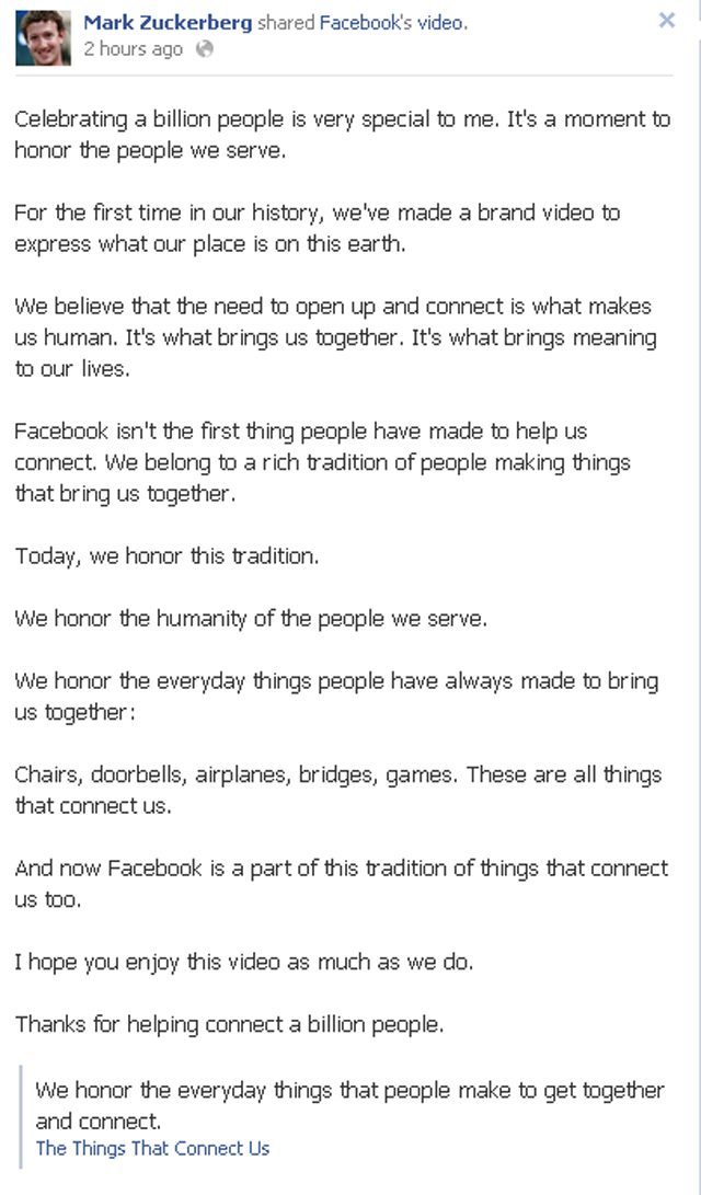 mark zuckerburg updates his status about Facebook 1 billion user mark