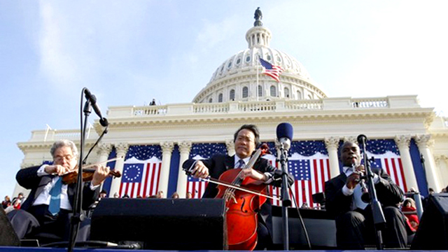 Itzhak Perlman, Yo-Yo ma and Anthony McGill perform at President Barack Obama's first Inauguration in 2008 in Washington, D.C.
