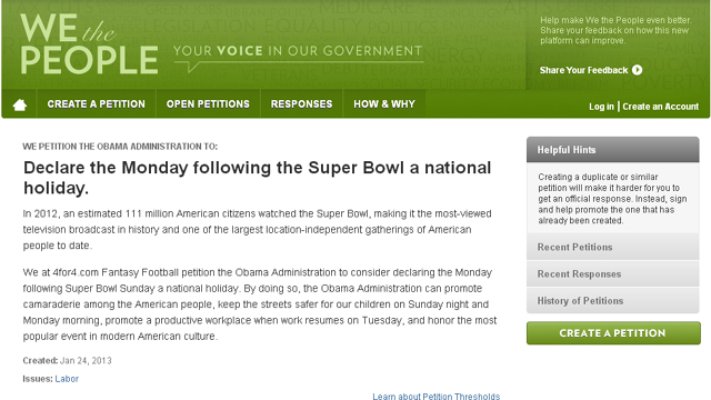 Super Bowl Holiday Petition 