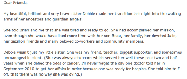 Debbie Ford Letter Death