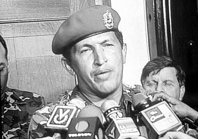 Chavez addressing the press after his failed coup in 1992