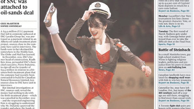 Kaetlyn Osmond, Kaetlyn Osmond photo, Kaetlyn Osmond figure skater, Kaetlyn Osmond front page, Kaetlyn Osmond crotch shot, Canada, figure skaters, Canadian figure skaters, Canada photo controversy, Kaetlyn Osmond controversy, Kaetlyn Osmond crotch shot, Kaetlyn Osmond shot, Kaetlyn Osmond pic, Sylvia stead, Canada prudes, isu world figure skating championships, the globe and mail, the Toronto star, reuters, 