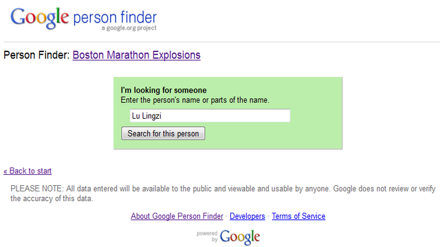 Lu Lingzi, Google Person Finder Lu Lingzi, Boston Marathon Bombing