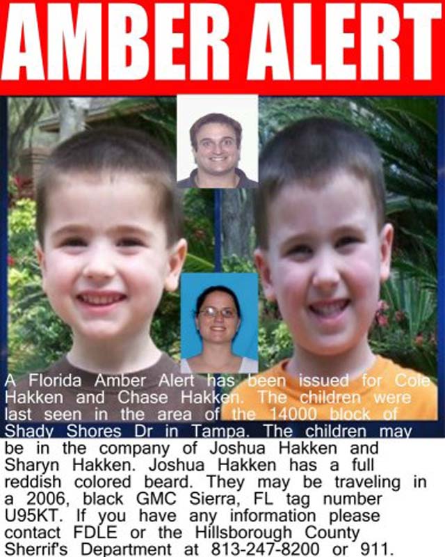 Amber alert Chase and Cole Hakken, Joshua Hakken kidnap, Sharyn Hakken kidnap, Tampa Parents Kidnap.
