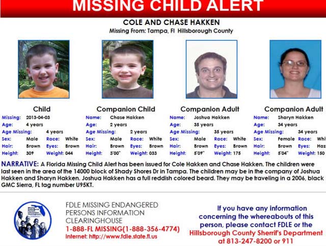 Amber alert Chase and Cole Hakken, Joshua Hakken kidnap, Sharyn Hakken kidnap, Tampa Parents Kidnap.