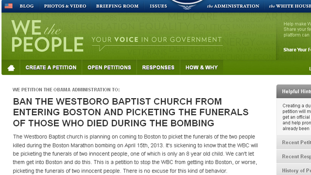 Petition to stop Westboro Baptist Church, Westboro Baptist Church picket Boston Bombing Victims.