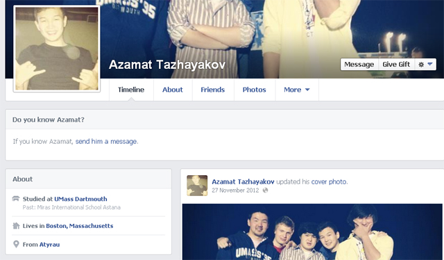 Azamat Tazhayakov Facebook Boston bombing
