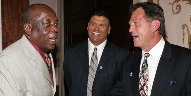 Deacon Jones, former Cincinnati Bengal, Anthony Munoz, and former Los Angeles Ram, Jack Youngblood attend the NFL Legends and Autism Speaks Kickoff for a Cure Benefit at the Waldorf-Astoria on March 12, 2008 in New York City. (Photo by Thos Robinson/Getty Images for Autism Speaks) 