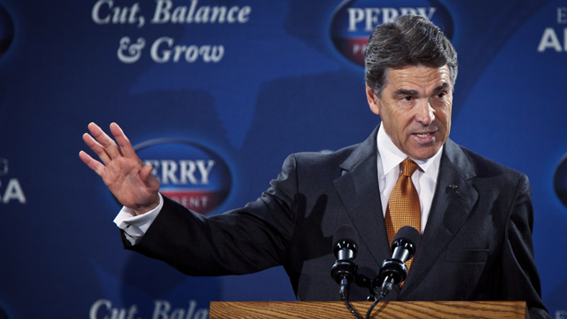 Gov. Rick Perry speaks at the ISO Poly Films factory on October 25, 2011. (Getty Images)