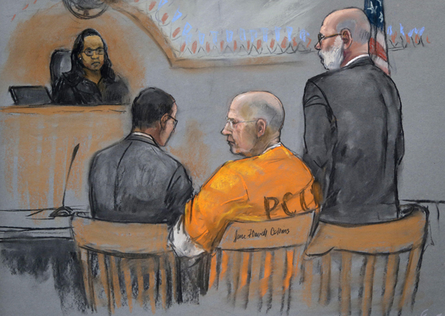 A courtroom sketch depicts James "Whitey" Bulger, center, before U.S. District Judge 