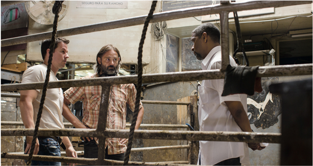 Director Baltasar Kormakur on set with Mark Wahlberg and Denzel Washington