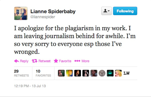 Lianne Spiderbaby admits and apologizes for plagiarizing. (via Defamer)