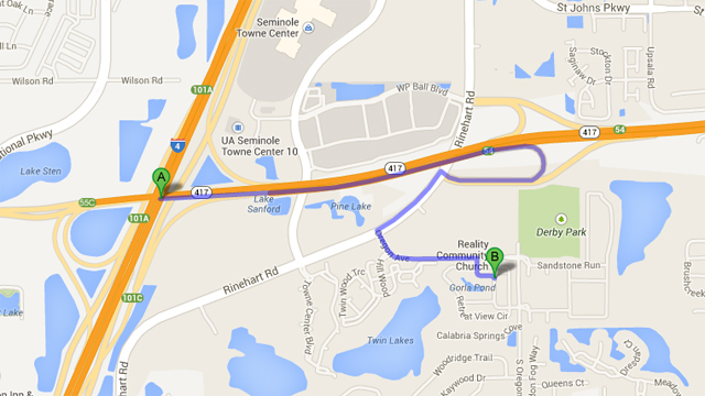Above map shows the intersection of the accident (A) in relation to the location of the Trayvon Martin shooting (B).