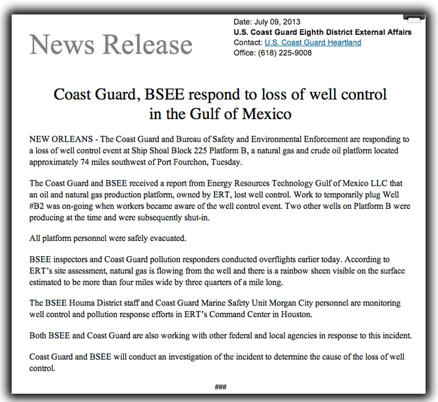 breaking news, gulf of mexico, oil spill, port fourchon, louisiana, Energy Resources Technology, natural gas, crude oil