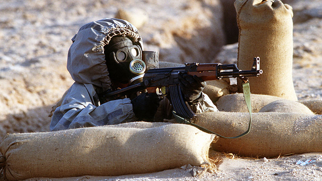 syrian soldier, chemical weapons suit, military