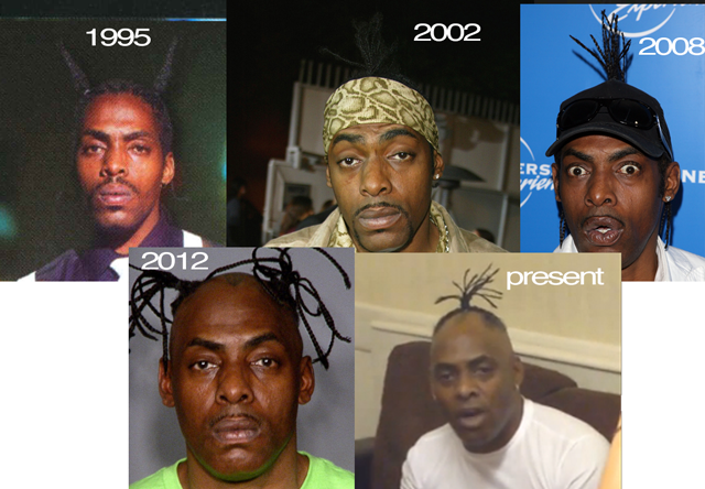 Coolio through the ages.  The 2012 photo is an arrest photo, but it was just for some outstanding traffic violations.