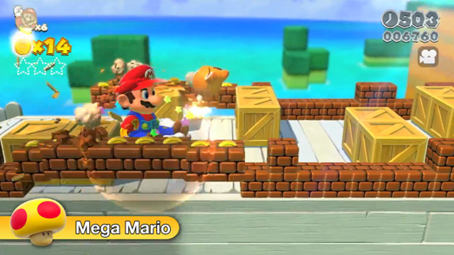 Mega Mario returns as a power-up. 