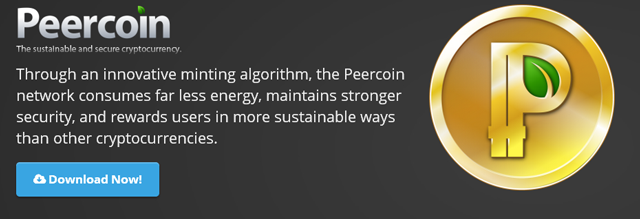 Peercoin.net's main image stresses the coin's green properties and the nature of its inflation.