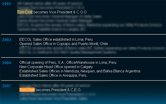 A timeline from the EECOL website shows Tom Crist's rise to President and CEO, in addition to international growth. 