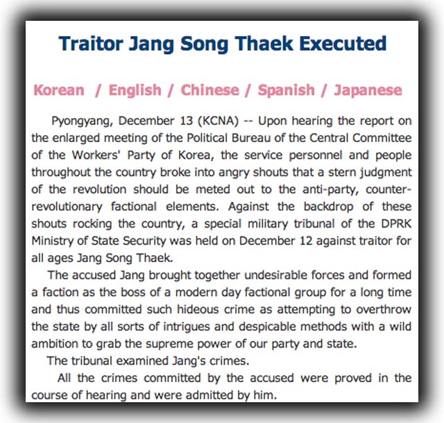 Jany Song Thaek Executed, Kim Jong-Un's uncle executed. 
