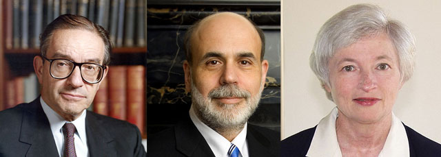 Past chairs of the fed in chronological order: Alan Greenspan, Ben Bernanke, and the soon-to-be chair, Janet Yellen. 