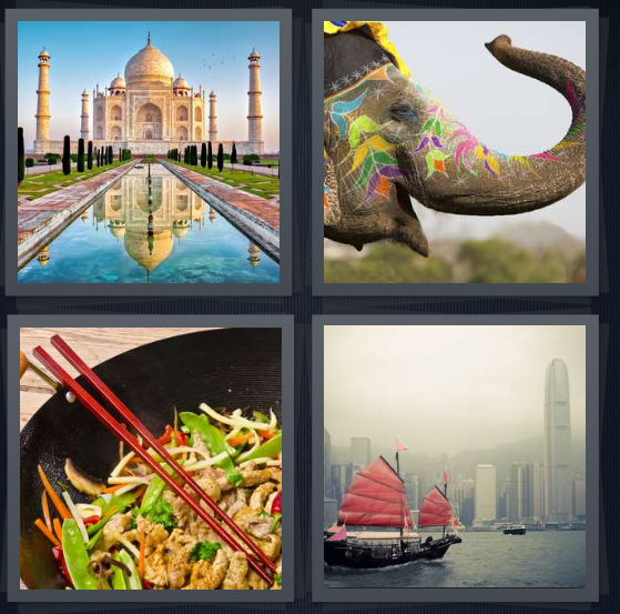 4 Pics 1 Word Answer 4 letters Taj Mahal, painted elephant, wok with stir-fry and chopsticks, boat on river in Shanghai