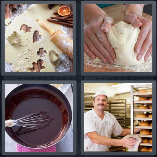 4 Pics 1 Word Answer 4 letters for cookies with rolling pin, hands kneading dough, bowl of melted chocolate, baker with racks