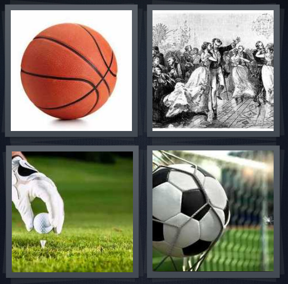 4 Pics 1 Word Answer 4 letters for basketball, antique people dancing, golf tee, soccer going into goal