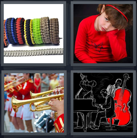 4 Pics 1 Word Answer 4 letters for hair scrunchies, girl wearing red, marching trumpet, jazz players 