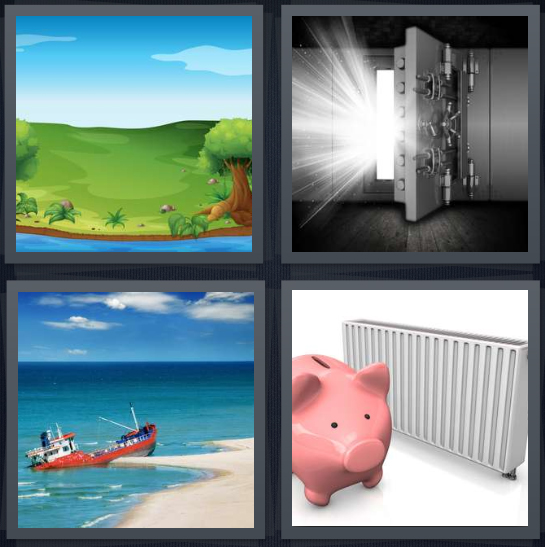 4 Pics 1 Word Answer 4 letters for cartoon riverside with trees, safe opening with light inside, boat on edge of ocean, piggybank