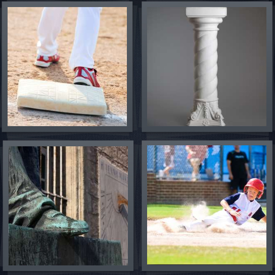 4 Pics 1 Word Answer 4 letters for home base, pedestal for vase, foot of statue, sliding into home