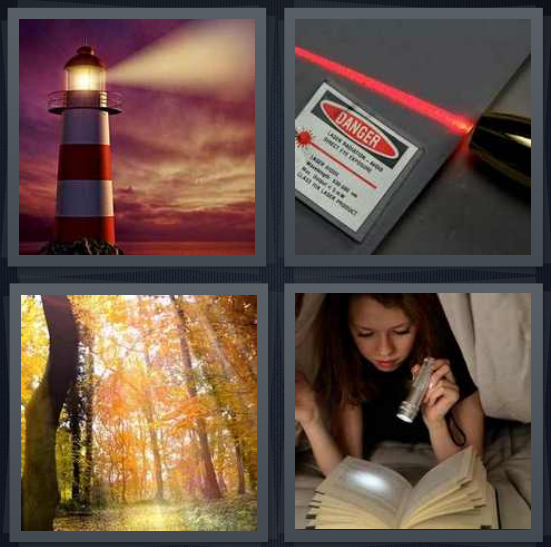 4 Pics 1 Word Answer 4 letters for lighthouse on water, laser with danger sign, light coming through trees in forest, girl reading with flashlight