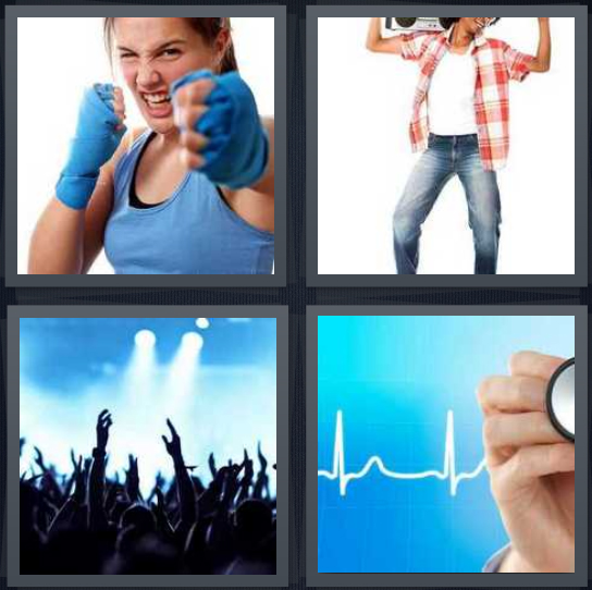 4 Pics 1 Word Answer 4 letters for girl punching, man listening to music on boombox, hands raised at concert, heart monitor with stethoscope