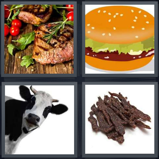 4 Pics 1 Word Answer 4 letters for steaks on plate with rosemary, cartoon burger, cow, dried jerky