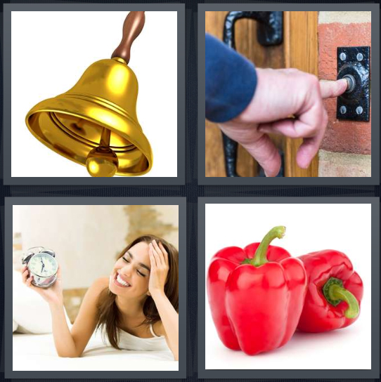 4 Pics 1 Word Answer 4 letters for ringing, finger pressing doorbell, woman holding alarm clock, red peppers