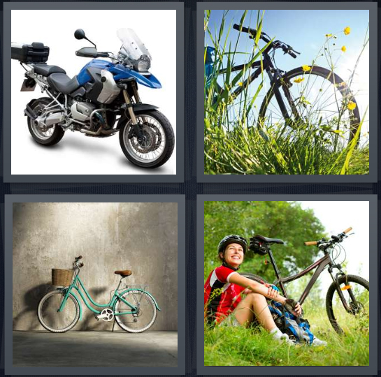 4 Pics 1 Word Answer 4 letters for blue motorcycle, bicycle in flowers, cruiser with basket, cyclist relaxing