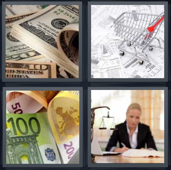 4 Pics 1 Word Answer 4 letters for hundred dollar bills, grocery cart, Euros, woman lawyer with justice symbol