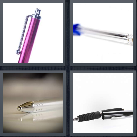 4 Pics 1 Word Answer 4 letters for pink pen, blue ballpoint, clear point, ink cartridge