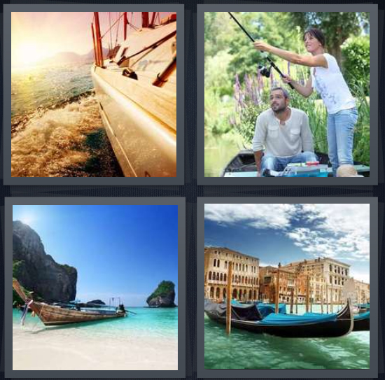 4 Pics 1 Word Answer 4 letters for side of ship in water, couple fishing on lake, small ship on island shore, gondola in Venice