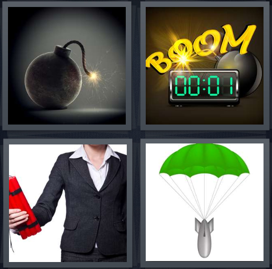 4 Pics 1 Word Answer 4 letters for lit fuse, boom ticking, person holding dynamite sticks, missile on parachute