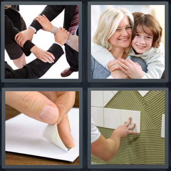 4 Pics 1 Word Answer 4 letters for business team holding hands, mother and child, stamp on envelope, tile on wall