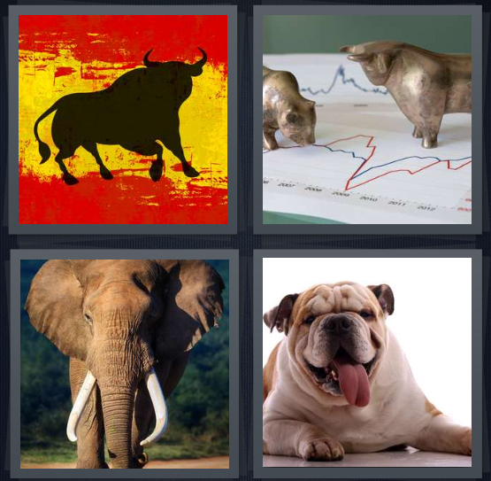 4 Pics 1 Word Answer 4 letters for Spanish mascot, paperweights on financial chart, elephant with tusks, dog with tongue