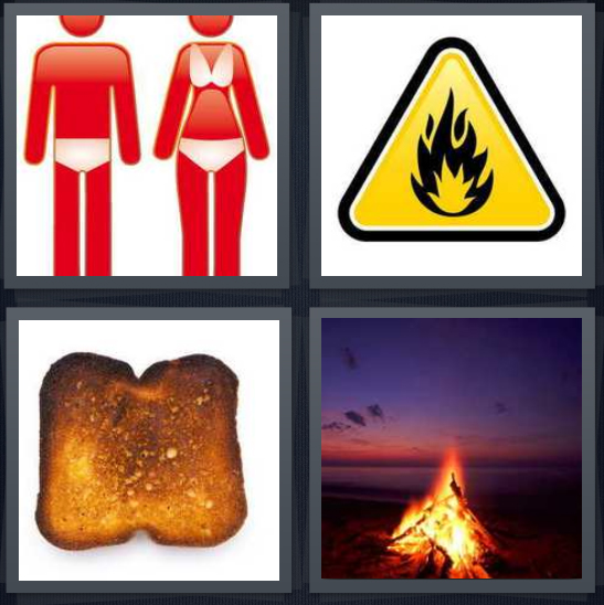 4 Pics 1 Word Answer 4 letters for cartoon sunburn, fire hazard sign, toast, campfire on beach