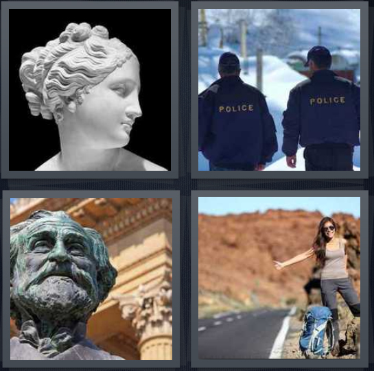 4 Pics 1 Word Answer 4 letters for white woman statue head, police walking, green man statue head, woman hitchhiking