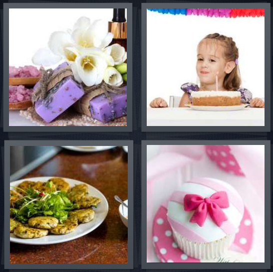 4 Pics 1 Word Answer 4 letters for purple presents with flowers, birthday girl with candle, latkes on plate, pink cupcake with bow