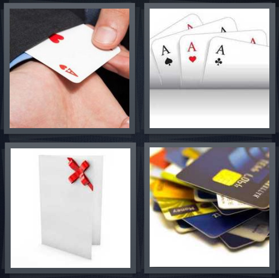 4 Pics 1 Word Answer 4 letters for ace up sleeve, triple aces, greeting, stack of credit
