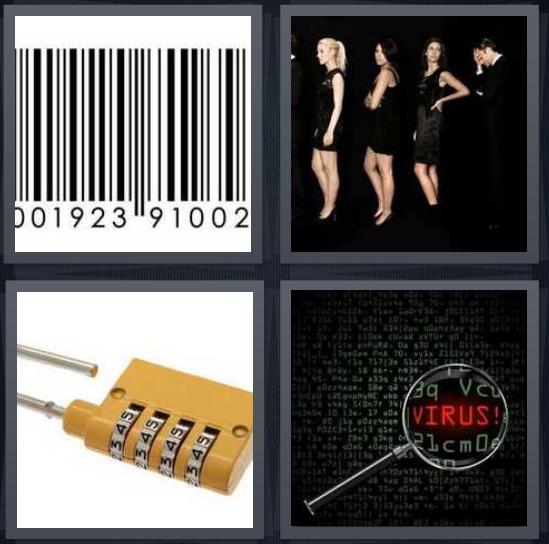 4 Pics 1 Word Answer 4 letters for barcode black and white, people wearing black in line, open lock, virus warning