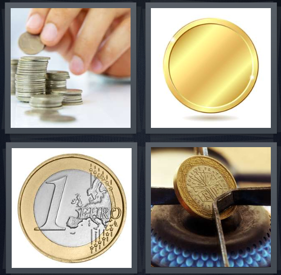 4 Pics 1 Word Answer 4 letters for hand stacking change, bit currency, Euro, Franc